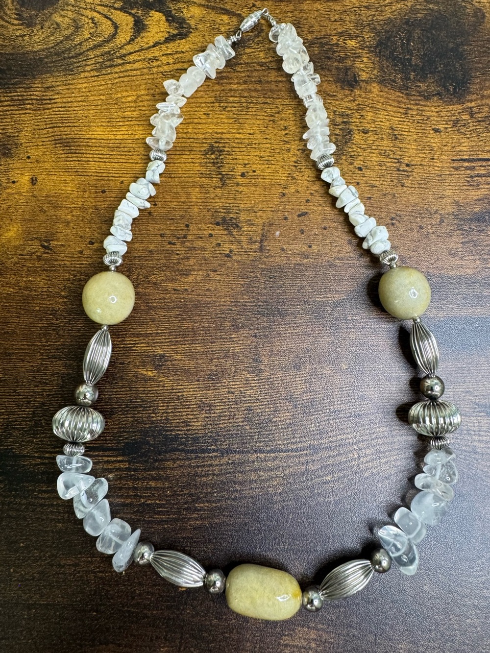 Hand Crafted Beige Stone and Clear Quartz Chip Necklace